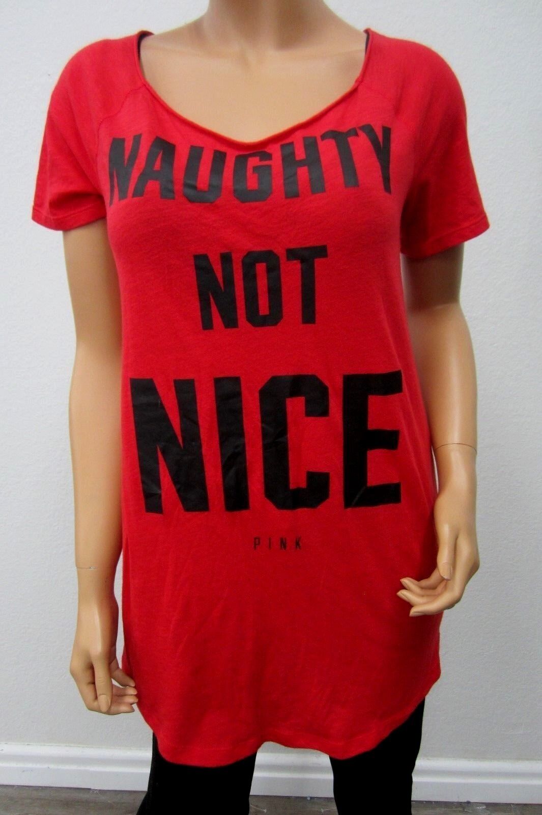 Victoria's Secret PINK SEXY Shirt Naughty Not Nice Red Raglan S/P