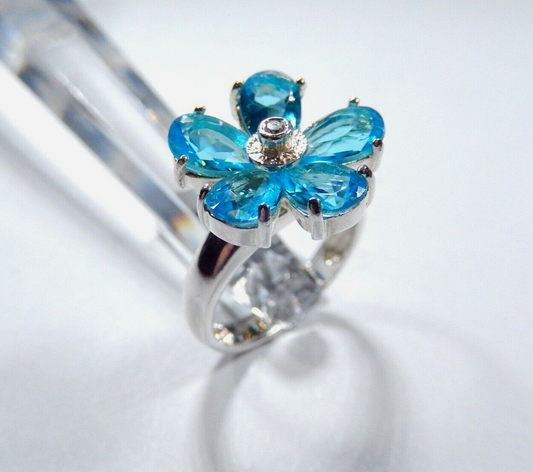 *VINTAGE* 925 Sterling Silver Flower Cluster London Blue Topaz Ring Size 7