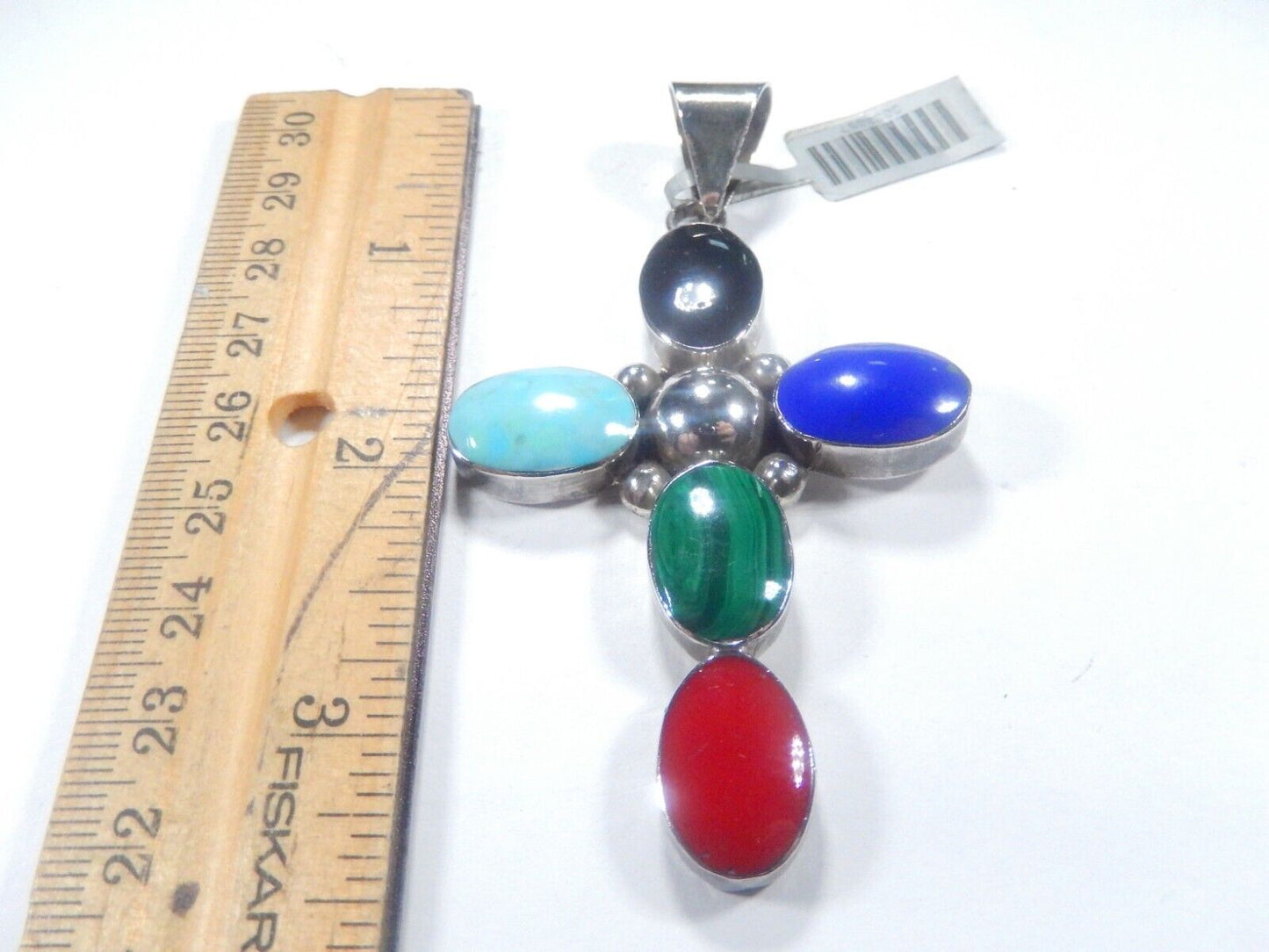 *VINTAGE*  Sterling Taxco Mexico Multi Gemstone Cross Pendant 3.5"  x  1.78"