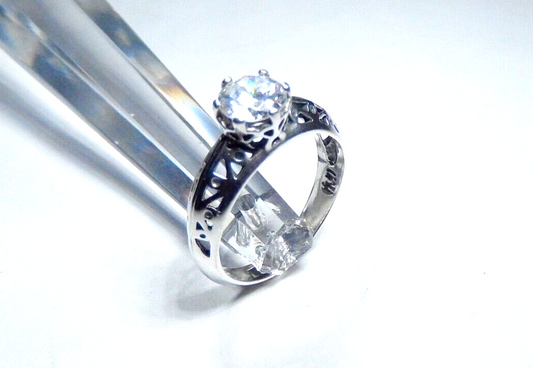 *VINTAGE*  STERLING SILVER 3/4CT SOLITAIRE CZ FILIGREE ENGAGEMENT RING Size 6