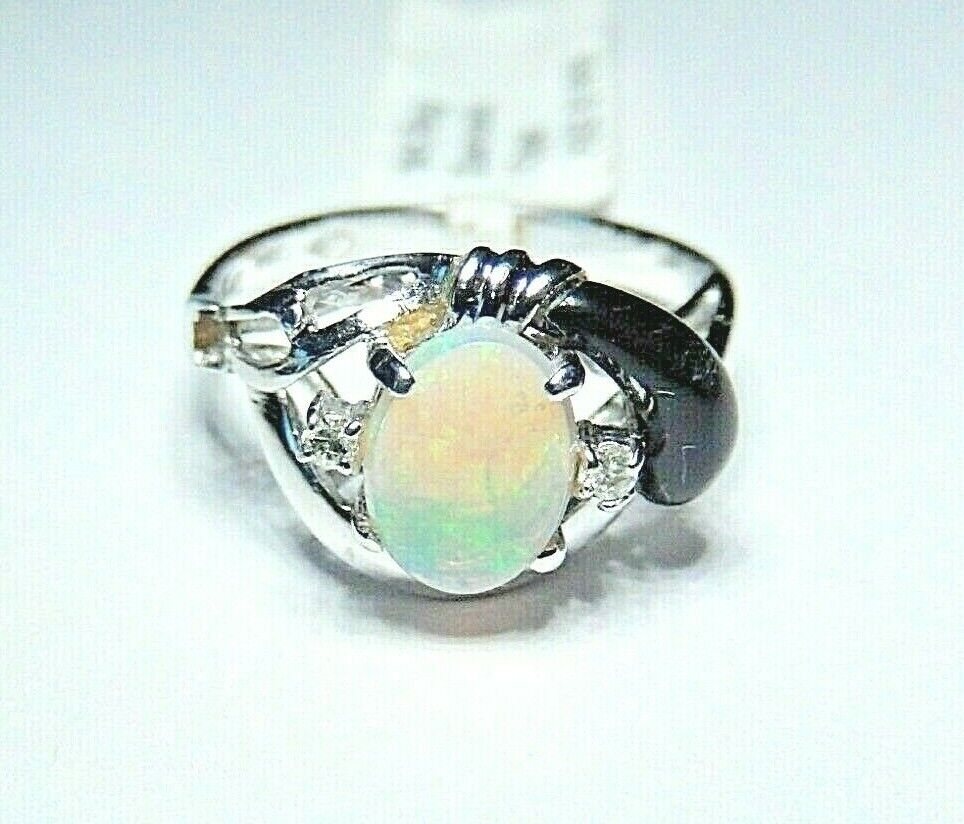 *VINTAGE*  14K  White Gold OPAL and Black Onyx & Diamond Ring Size 6.5