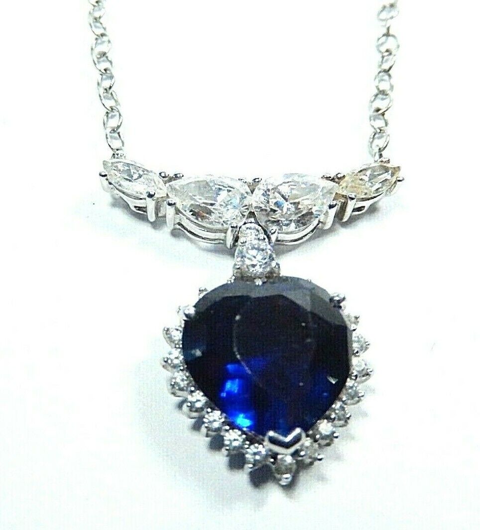 *NWT*  STATEMENT 10K White Gold  6.0CT Heart  Sapphire & 1.50CT CZ  18" Necklace