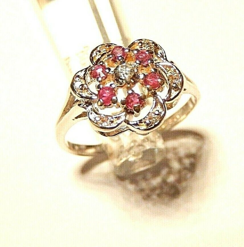 *NWT*  14K White Gold Natural Ruby Diamond Three Tier Cluster Ring Size 6.75