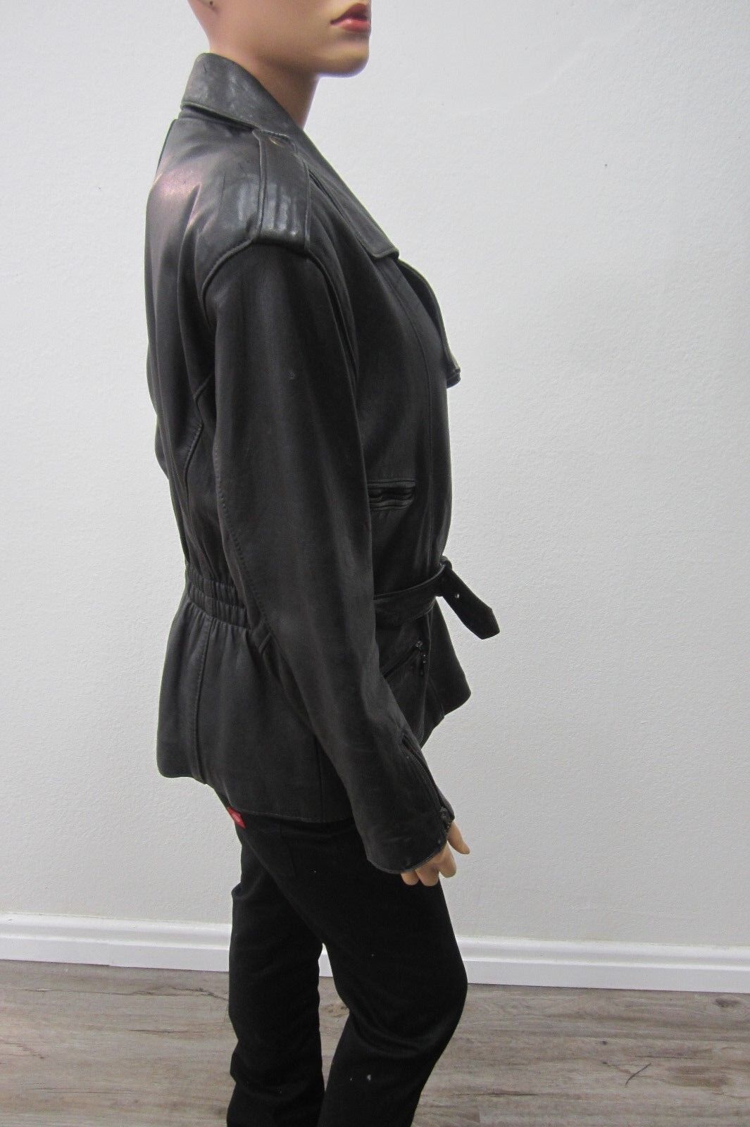 *VINTAGE* Mint JF Collection  Biker Heavy Black LeatherJacket Zip Sleeves M