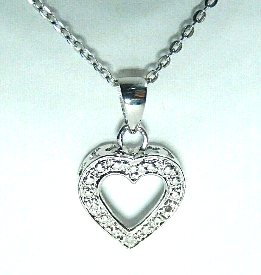 *NEW* - 10k White Gold Crescent Moon & Star Heart Diamond Pendant  w/18" Chain