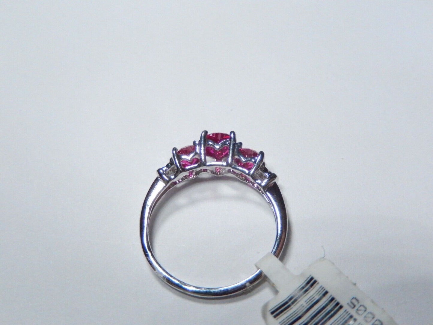 *NWT*  10k White Gold Three Stone Heart Lab Created Ruby & Diamonds Ring Sz 6.25