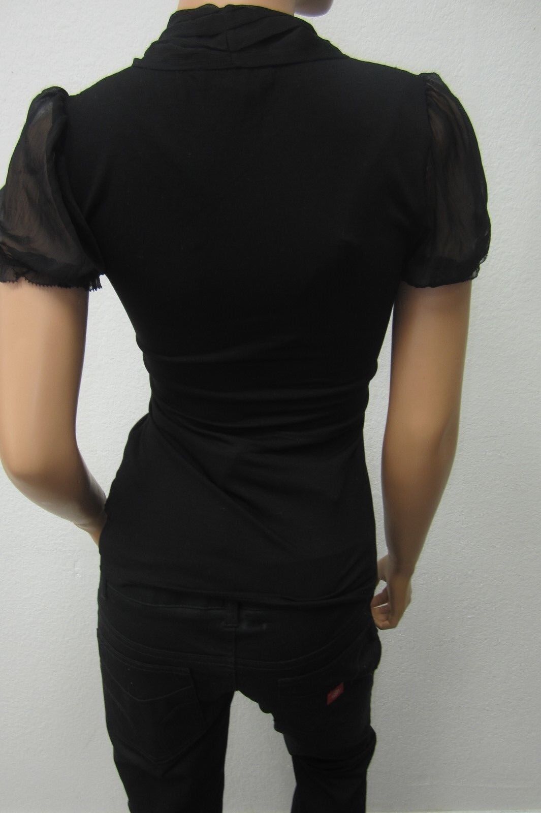 CUTE White House Black Market Womens Short Sleeve Black Semi Sheer Top Size XXS