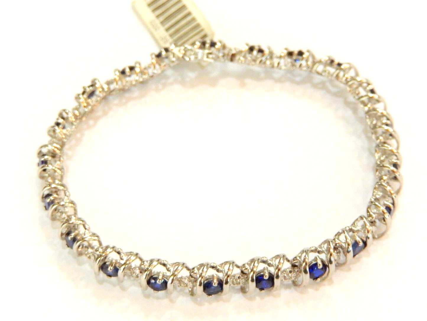 *NWT* 10K White Gold 3.50 CT  Sapphire & Diamond 7.5mm 11.2gm  "S" Bracelet 7"