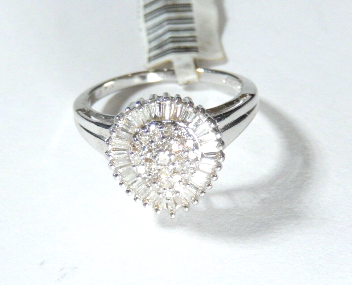 *NWT*  10K White Gold .75 CT Round Baguette Cut Diamond Pear Shape Cocktail Ring