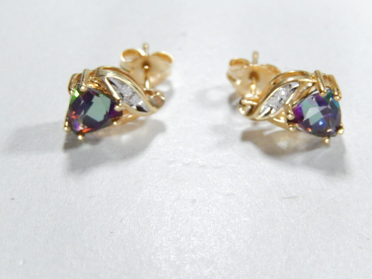*VINTAGE*  10k Yellow Gold Trillion  Mystic Topaz and Diamond Stud Earrings