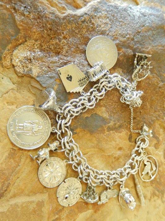*VINTAGE *  JB Sterling Silver Heavy Dbl Link Charm Bracelet & 14 Mixed Charms