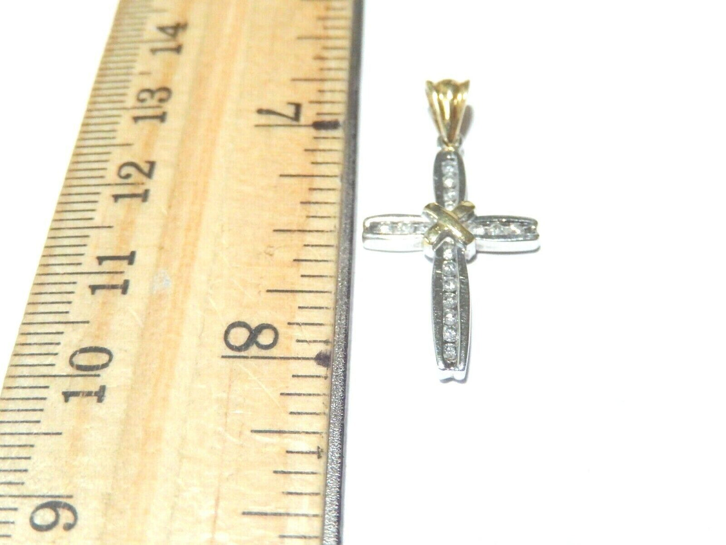 *VINTAGE* 14k Yellow & White Gold 17 Diamond Cross Pendant 1" x 5/8" Plus Bail