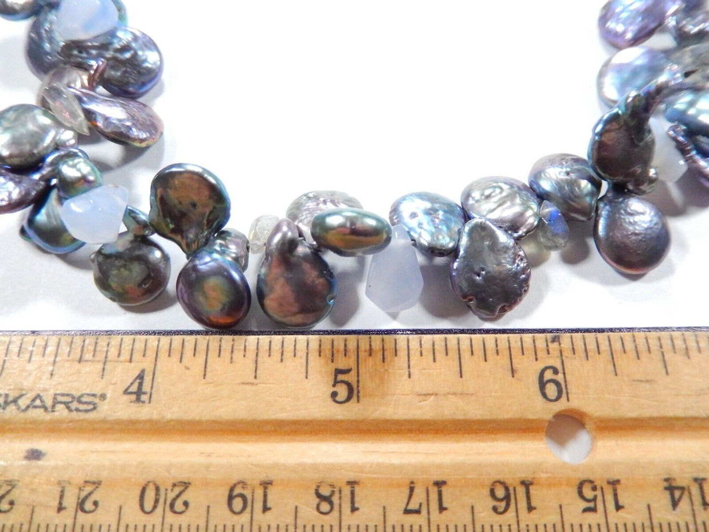STERLING SILVER BLACK BAROQUE BUTTON PEARL & BLUE LACE GEMSTONE NECKLACE 19"