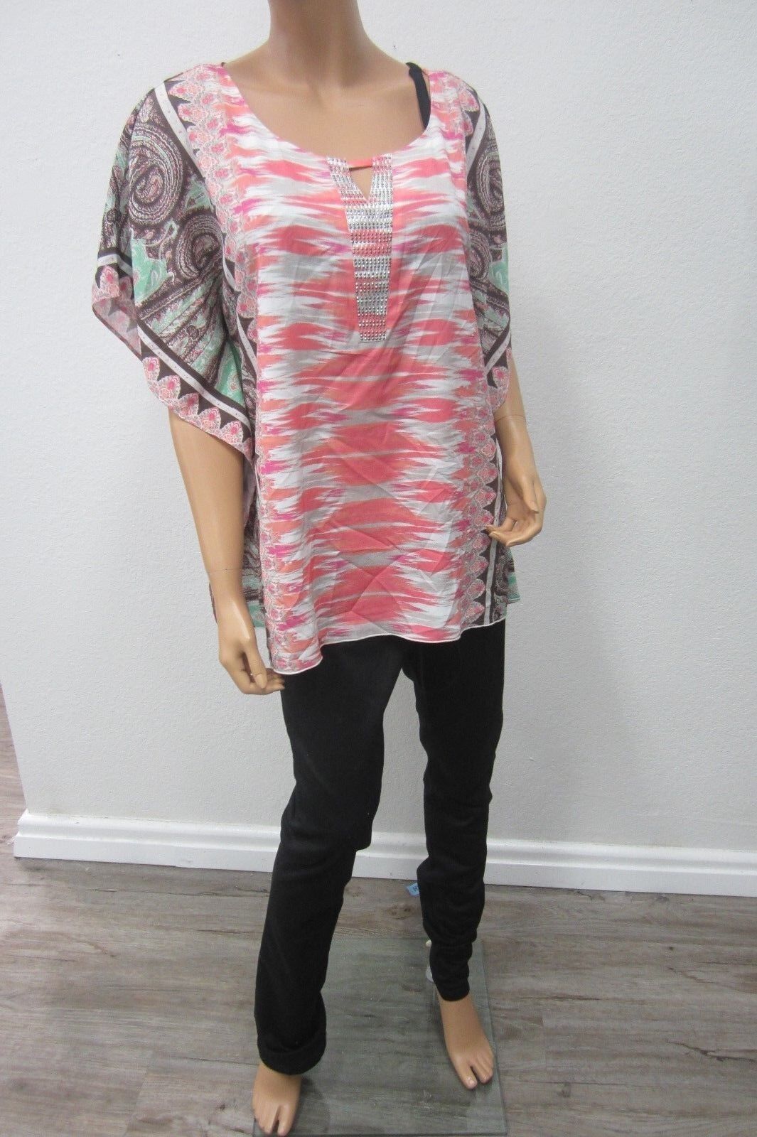 *NWT* VALERIE STEVENS Womens Tunic Top  Pink Flare  Sleeve Embellished  Sz L/G