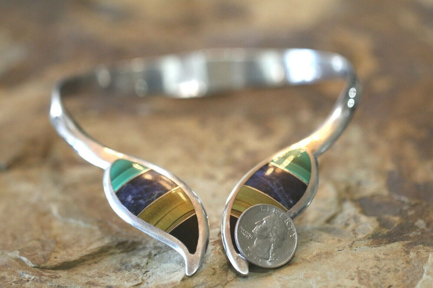 *VINTAGE* Taxco Mexico Sterling Silver & Multi Gem Hinged Choker Collar Necklace