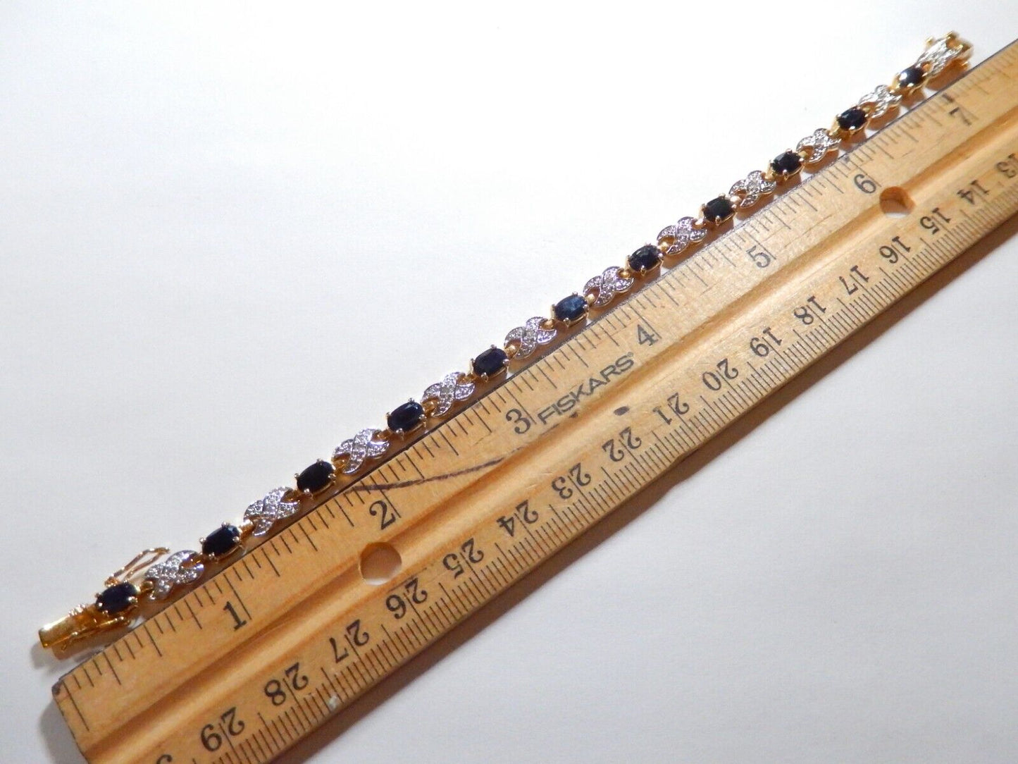 *VINTAGE*    Gold Plated Genuine Oval Sapphire & Diamond 7" X Link Bracelet