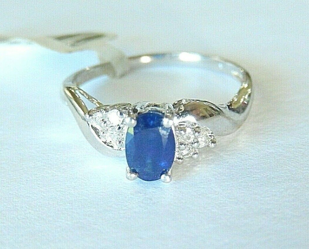 *NWT*  10K White Gold Oval Natural Blue Sapphire & Diamond Ring Size 7.25