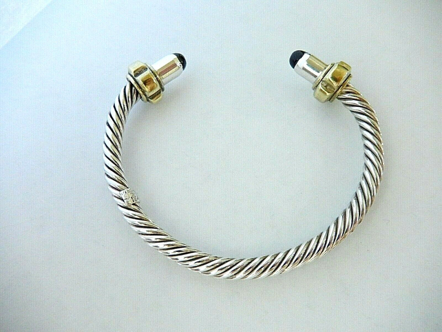 VINTAGE Taxco Mexico Black Onyx Sterling Silver / Brass 5mm Cable Cuff Bracelet