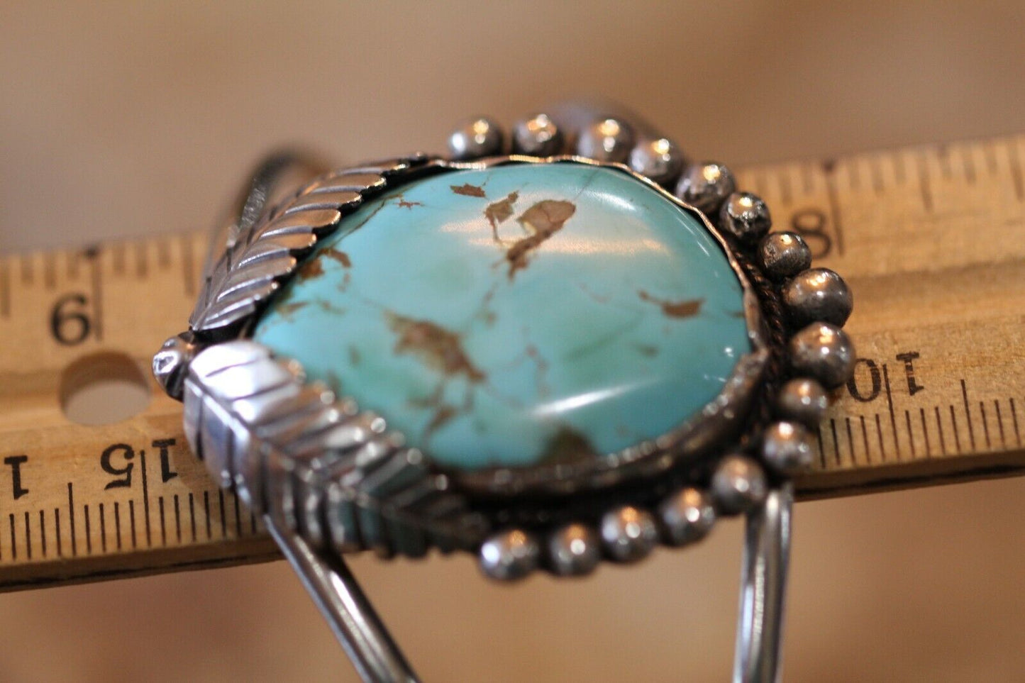 *VINTAGE*  Sterling Silver Navajo LARGE Turquoise Leaf Cuff Bangle Bracelet