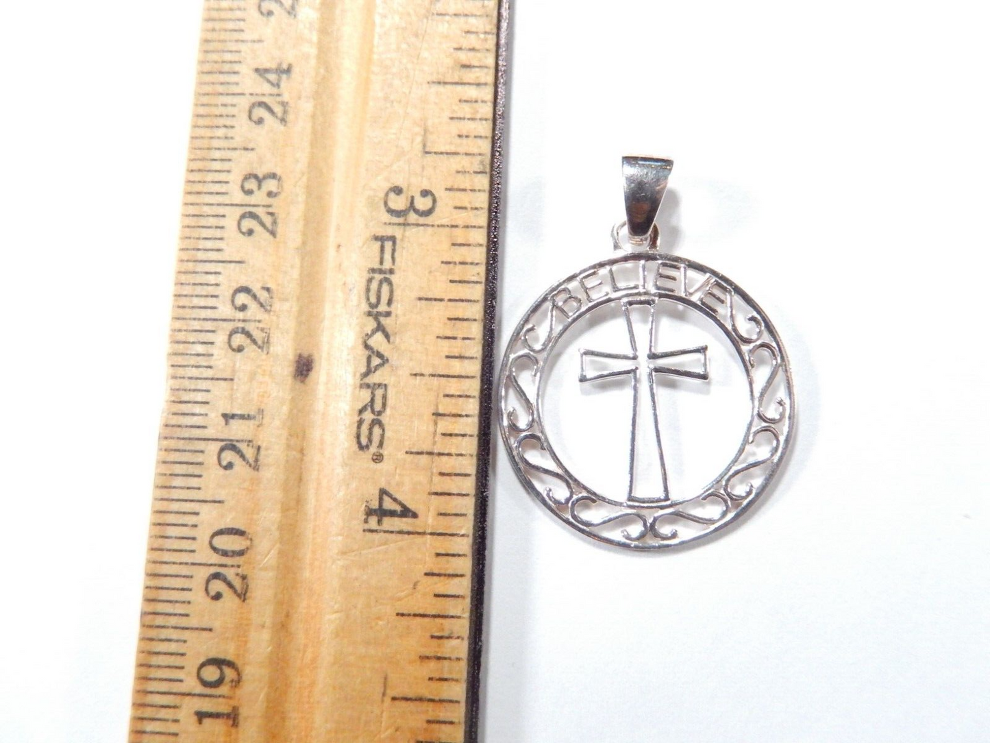 Sterling Silver BELIEVE Cross Pendant Round Filigree Design 2.1g