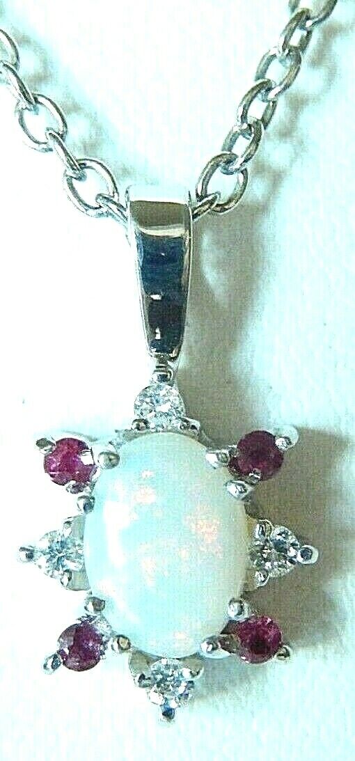 *NWT*  10K White Gold Opal & Halo Ruby & Diamond Pendant Necklace w/18" Chain