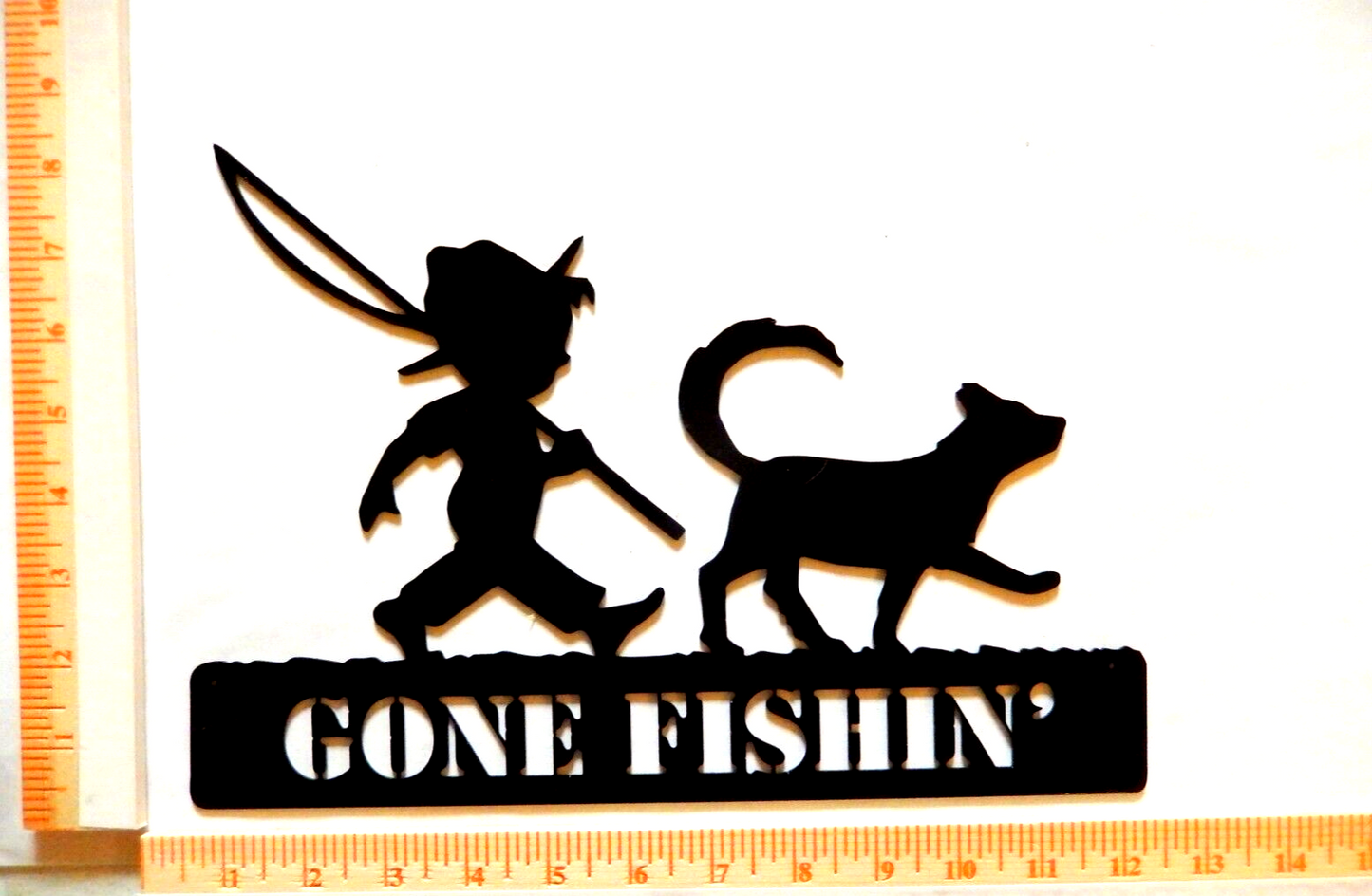 *NEW* 14ga. "GONE FISHIN" Boy & Dog -12" x 8" Powder Coated Black Metal Wall Art