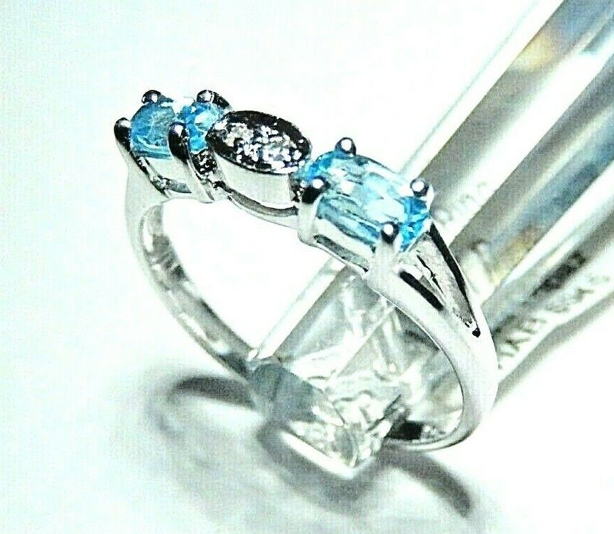 *NWT* 10k White Gold Oval Blue Topaz And Diamond 4mm Wide Ring Size 6.5