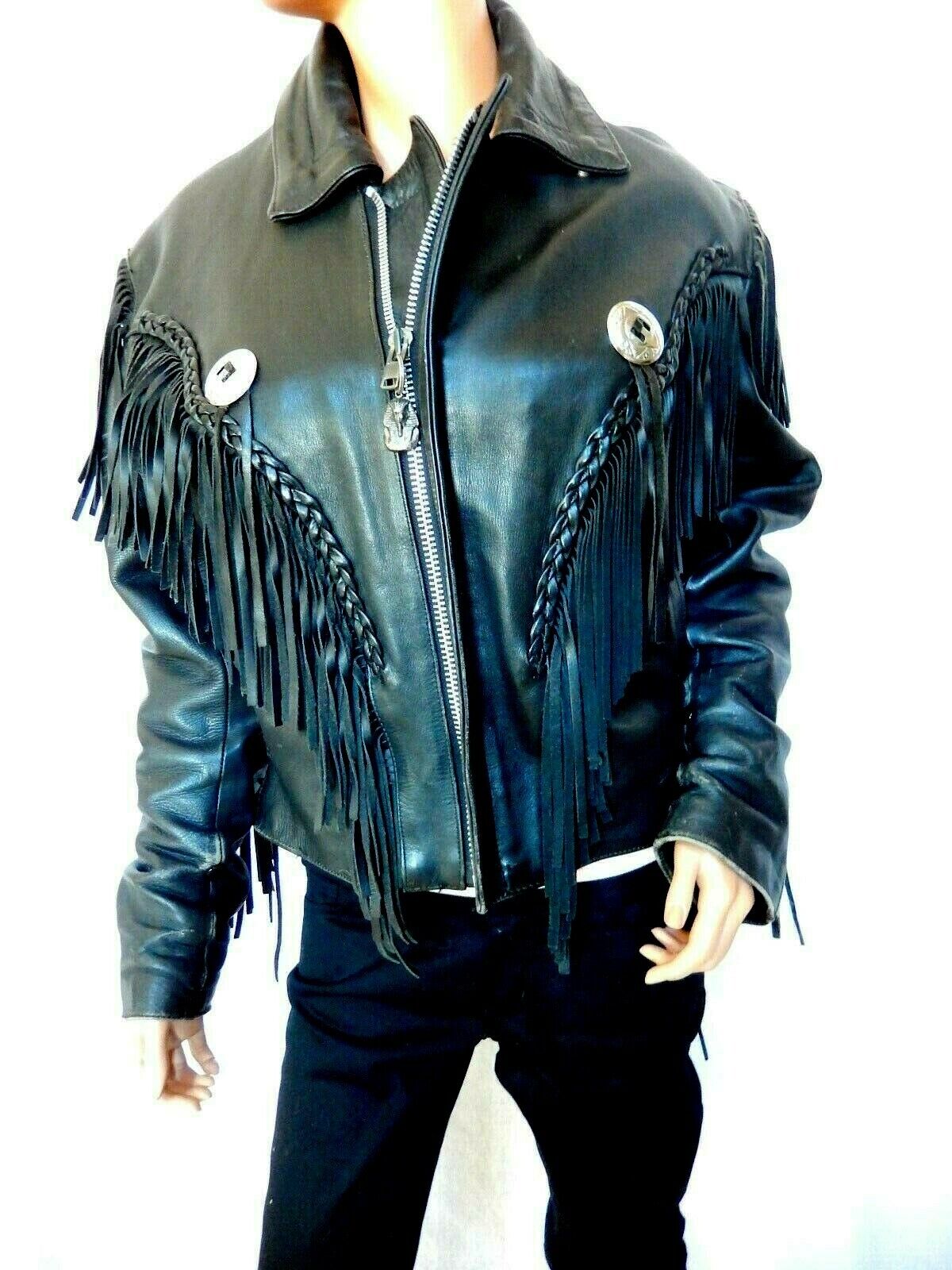 *VINTAGE* Mens Biker Motorcycle Black Heavy Leather Insulated Fringe Jacket Sz S