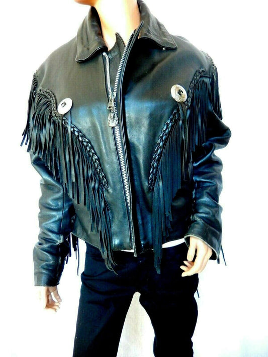 *VINTAGE* Mens Biker Motorcycle Black Heavy Leather Insulated Fringe Jacket Sz S