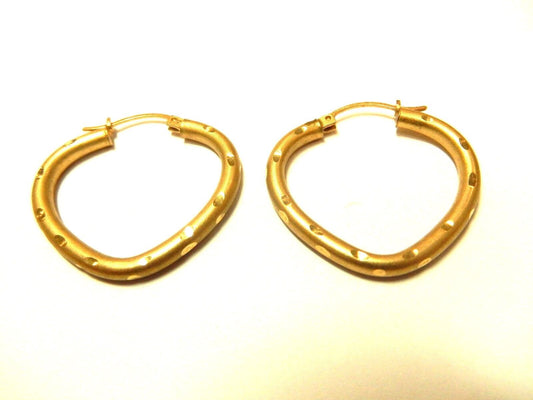 10K Yellow Gold  Satin  Diamond Cut Hoop Earrings 1 1/8" x 1 1/8"