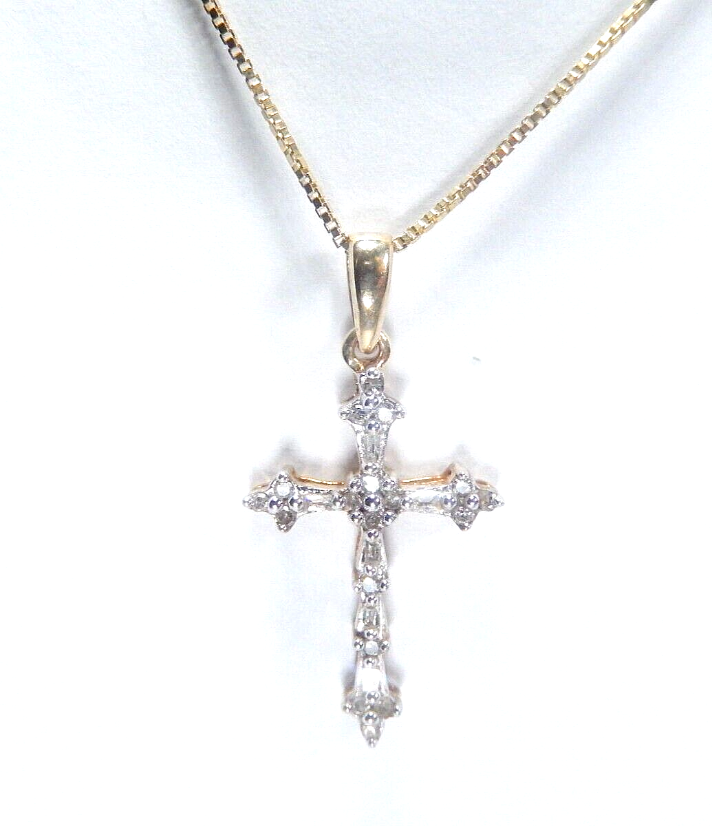 *VINTAGE* 10K Yellow Gold 1/3CT 24 Natural Diamond Cross Pendant w/18"chain
