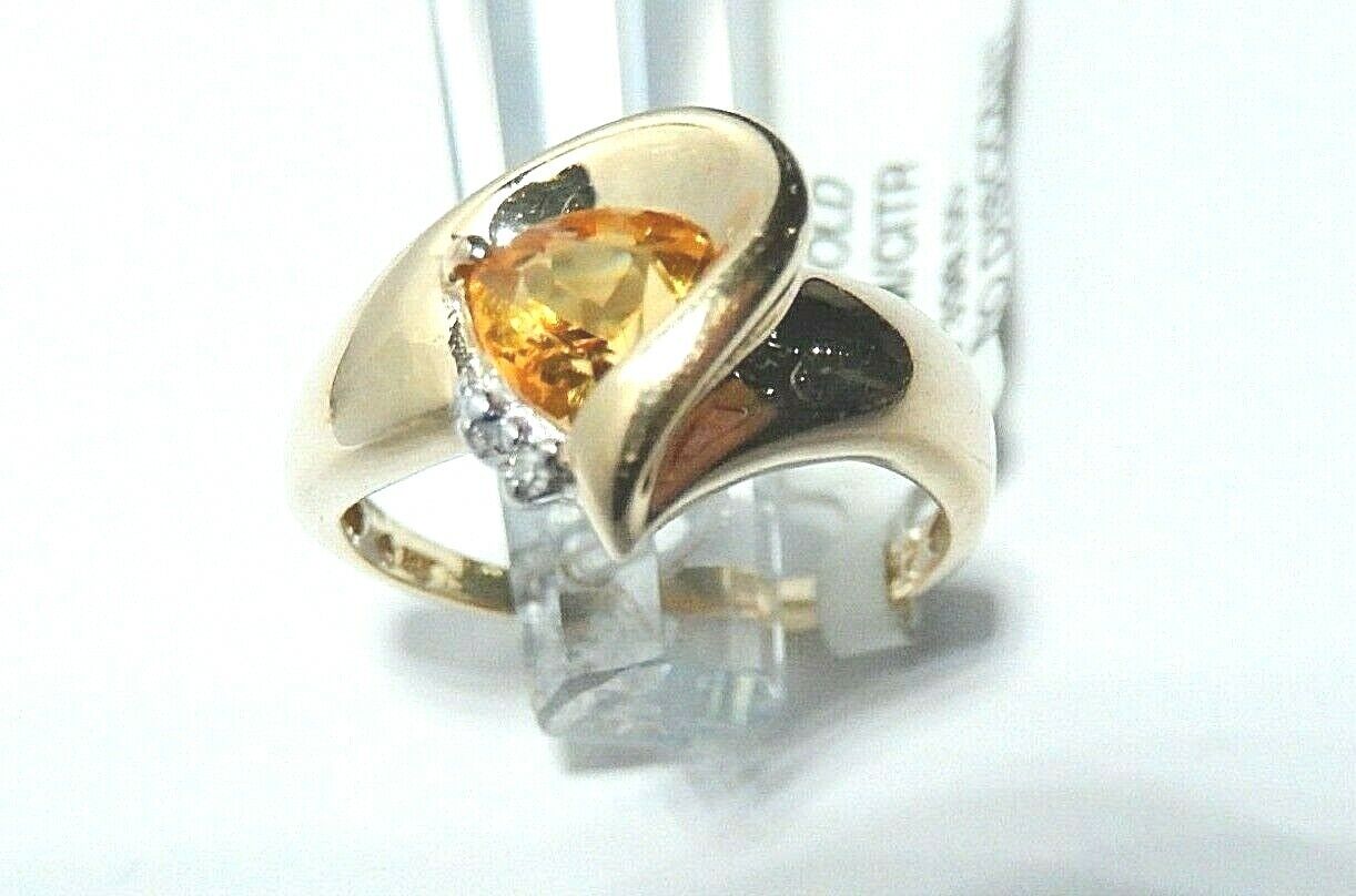 *VINTAGE*14K Yellow Gold Trillion Citrine & Diamond Accent Modern Bypass Ring-7