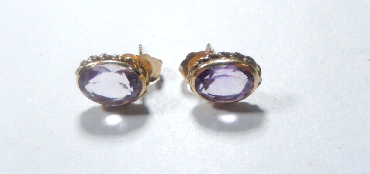 *VINTAGE*  14K Yellow Gold 2.50 CT  Oval Cut Natural Amethyst Stud Earrings