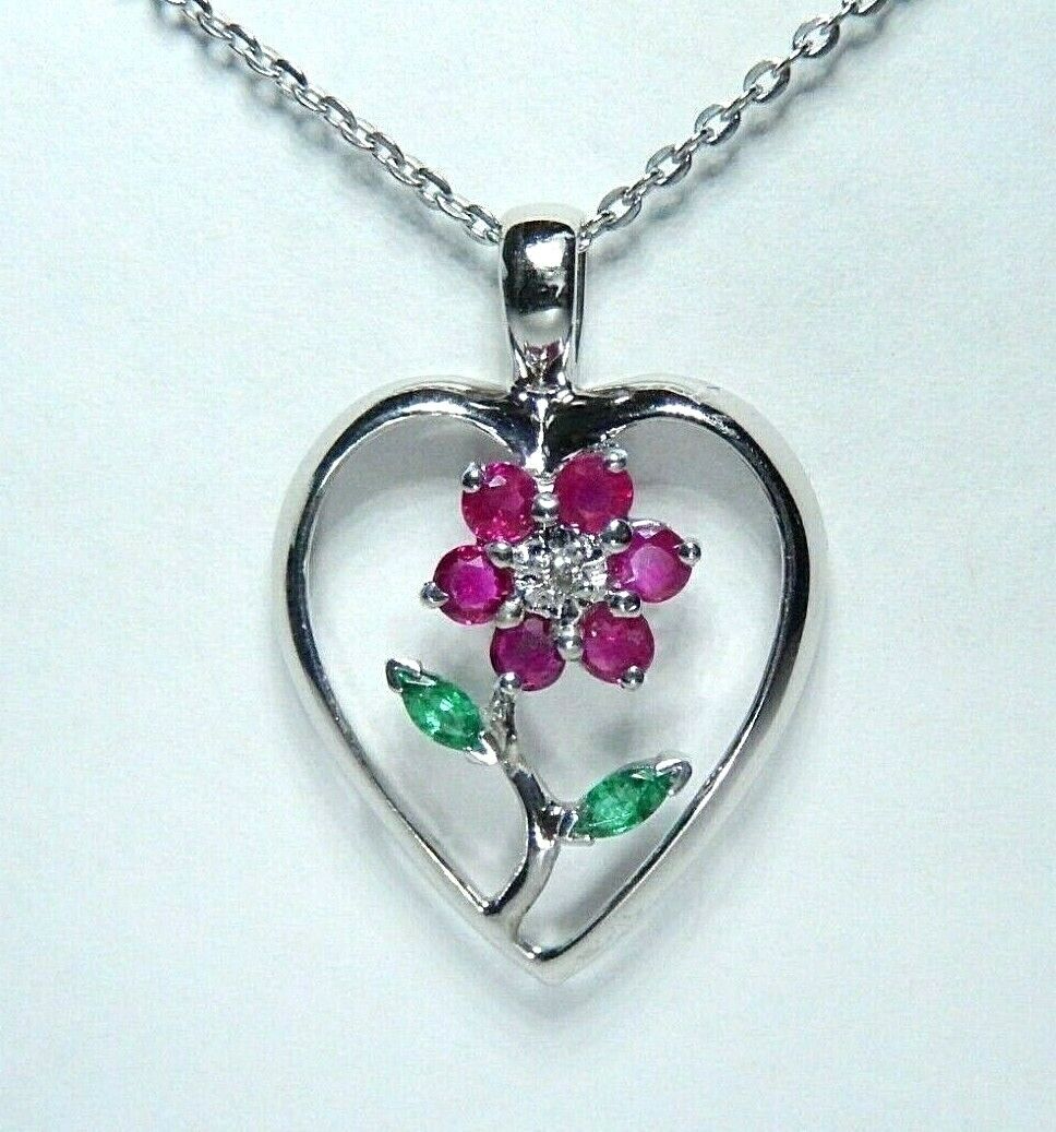 *NWT* 14k White Gold  Ruby /Emerald /Diamond Flower In Heart Pendant w/18" Chain