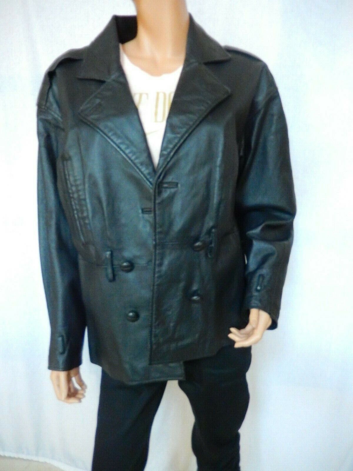Vintage Women's SPIEGEL Genuine Black Leather Coat Double Breasted Jacket Size L