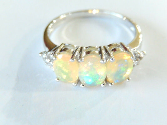 Oval Three Stone Lab Created White Opal Ring .925 Sterling Silver Ring Sz 10.25