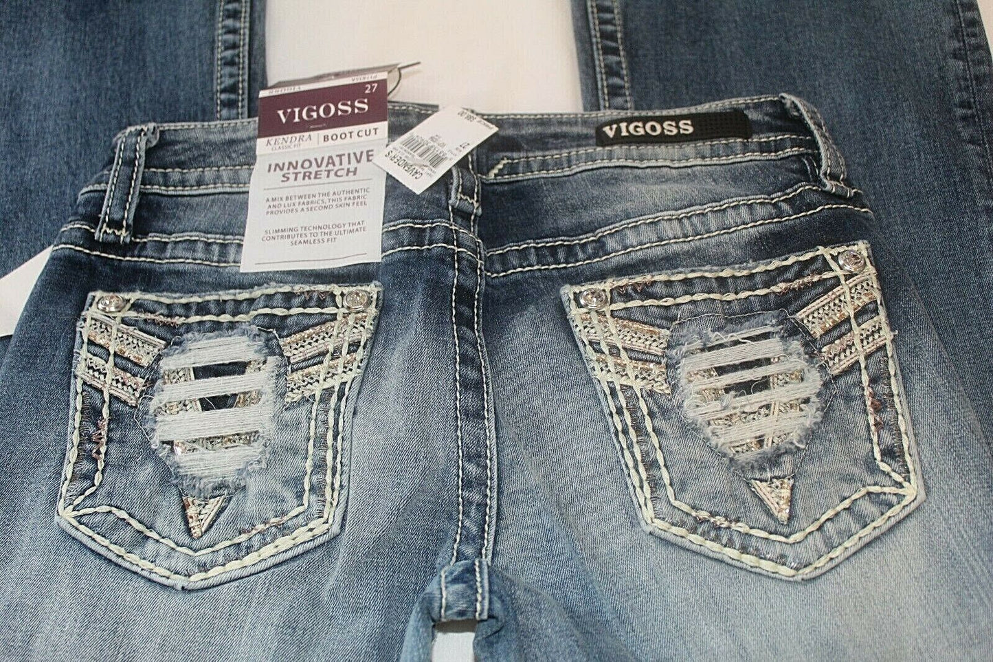 *NWT* $88. VIGOSS WOMEN'S  KENDRA BOOTCUT CLASSIC FIT BLING JEANS SIZE W27 x L32