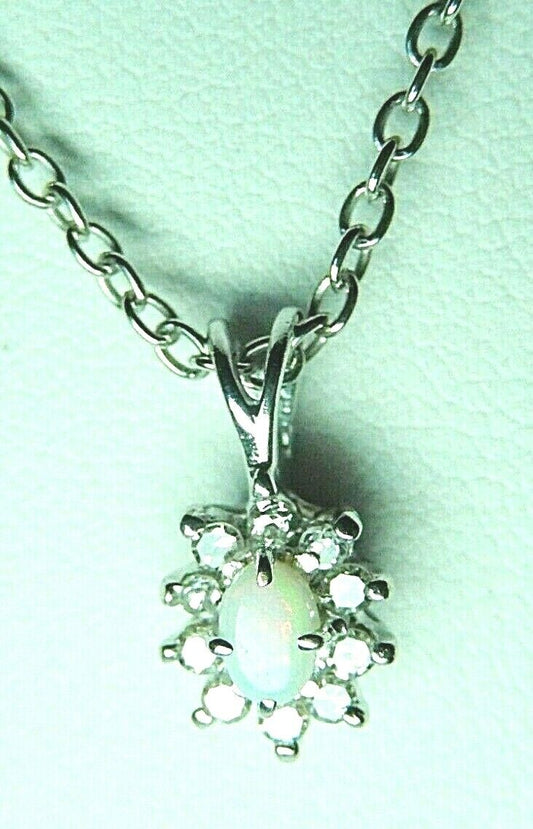 *VINTAGE*  14K White Gold 1/3 CT TW Diamond & Opal Halo Pendant w/18" Chain