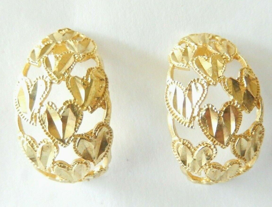 *VINTAGE* LARGE 10K YELLOW GOLD  Diamond Cut Hearts Cast Thick Hoop Earrings