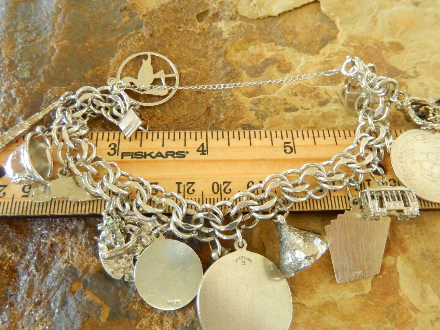 *VINTAGE *  JB Sterling Silver Heavy Dbl Link Charm Bracelet & 14 Mixed Charms