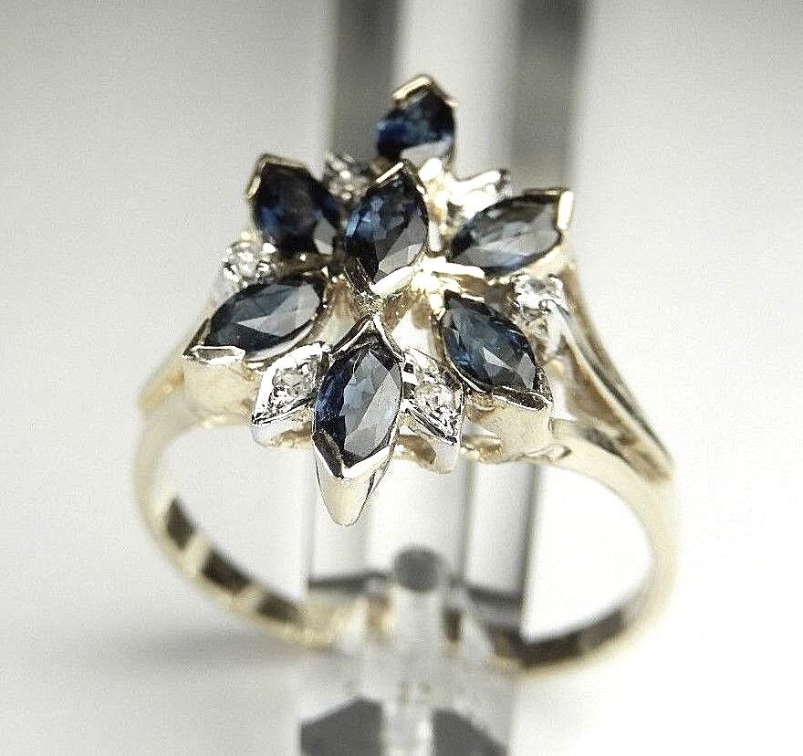 14K Yellow Gold Sapphire Marquise & Diamond Round  Free-Form Cluster Ring Sz 7