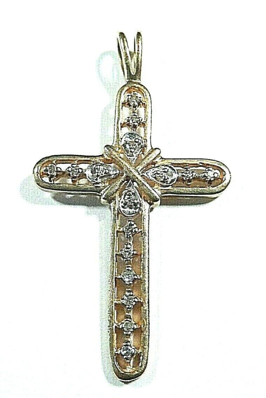 *VINTAGE*  LARGE 14K Yellow Gold 16 Diamond Cross Pendant  1.75"  x  1"