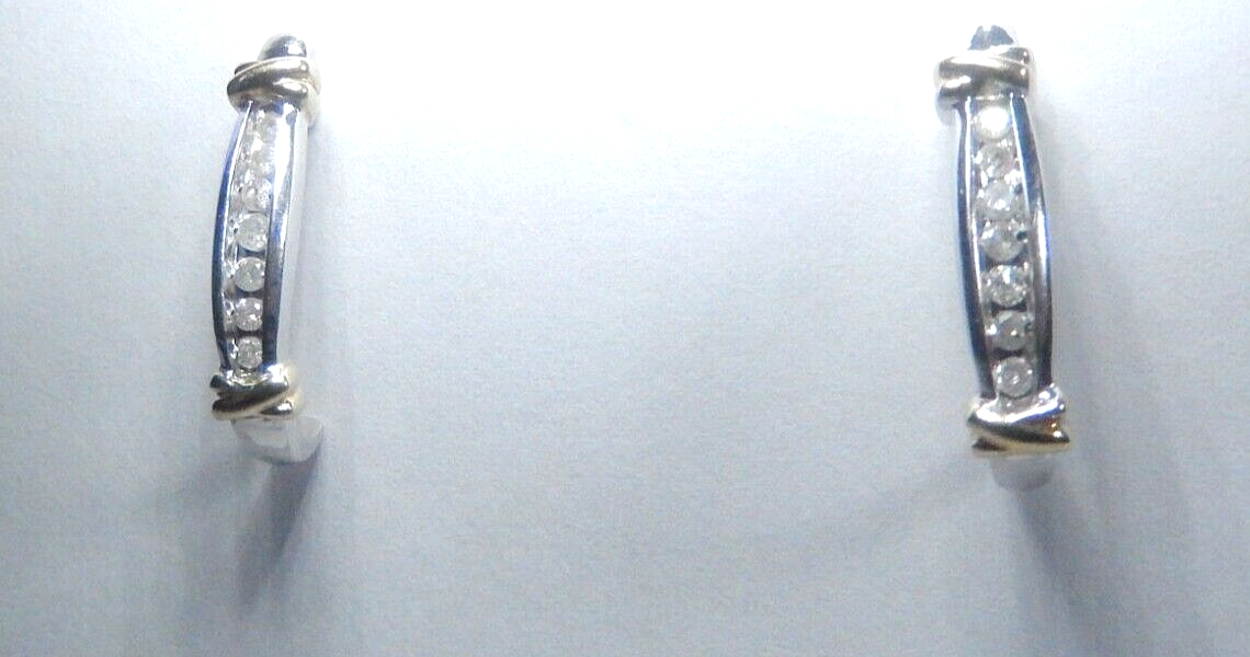 *VINTAGE* 10K  Yellow & White Gold .50CT Natural  Diamond J-Hoop Post Earrings