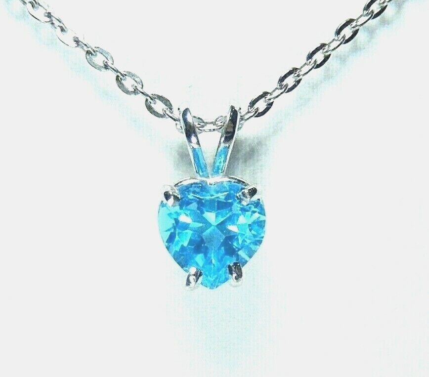 *NWT*  14K White Gold 1.00 Carat Heart Blue Topaz Solitaire Pendant  w/18" Chain