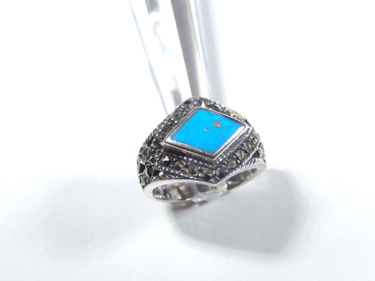 *VINTAGE*   Signed Sterling Silver Turquoise Enamel &  Marcasite Ring Size 6.75