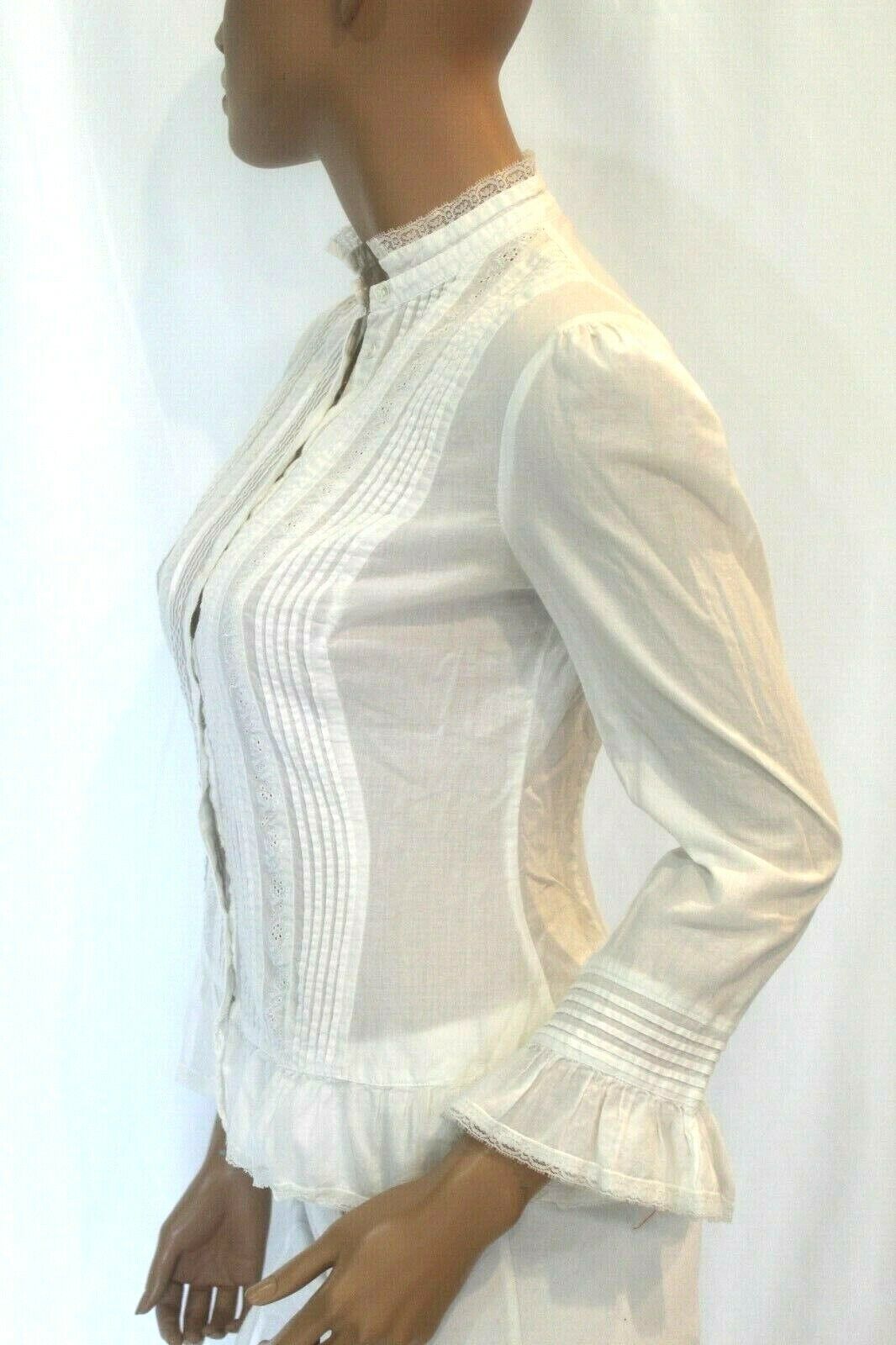 BCBG  White Pleated Front Button Down Ruffled Blouse Ruffled Sleeve "CUTE" Sz XS