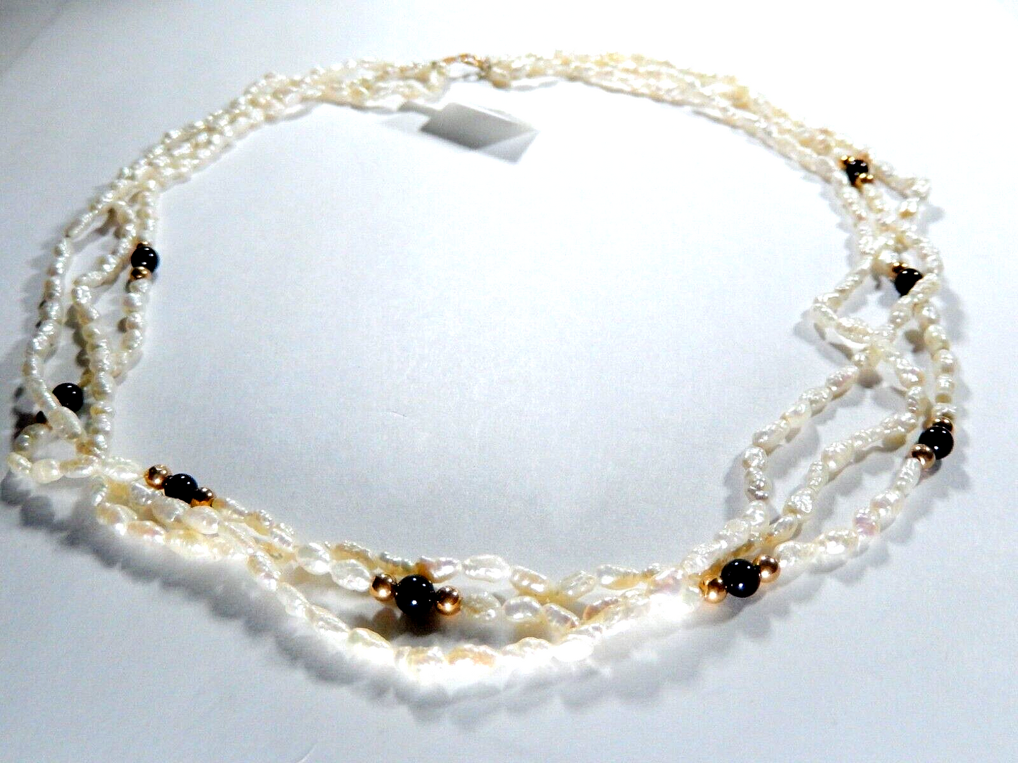 VINTAGE  16"  Genuine Rice Pearl and Gold Ball Three Strand Necklace w/14K Clasp