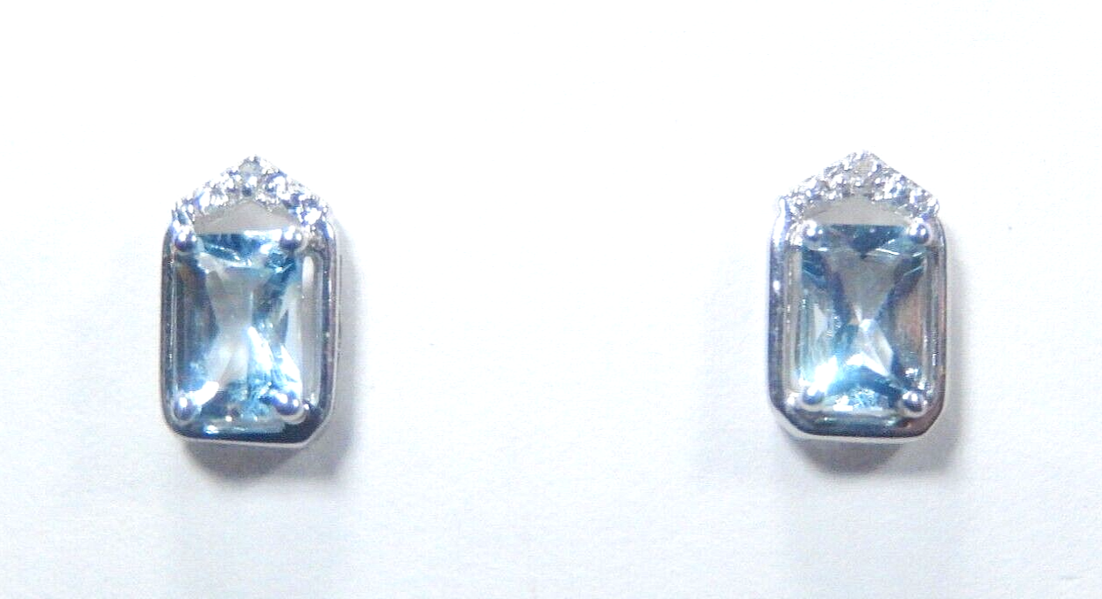 14K White Gold Emerald Cut  Aquamarine and Diamond Earrings