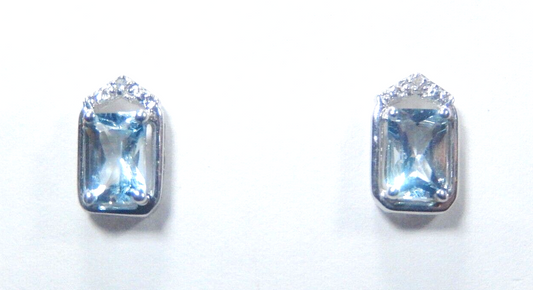 14K White Gold Emerald Cut  Aquamarine and Diamond Earrings