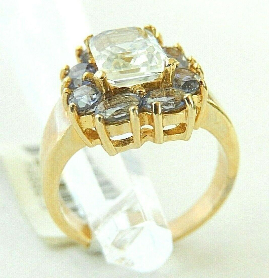 *VINTAGE Ladies 10k Yellow Gold 3.00 CT TW Tanzanite & White Topaz Ring Sz 7
